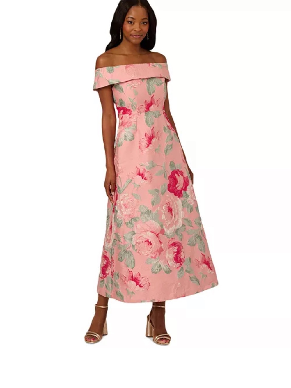 Adrianna Papell Jacquard Off-Shoulder Floral Pink Evening Dress
